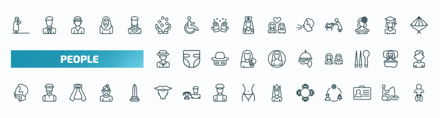set of 40 special lineal people icons. outline icons such as takbir, juggling ball, cough, colombian, serve, throat, facial hair, round table, identification ard, baby with diaper line icons.