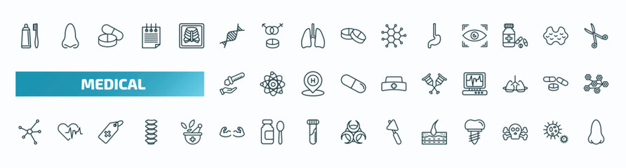 set of 40 special lineal medical icons. outline icons such as brush with tooth paste, medical chain of dna, esophagus, acid falling on hand, crutches couple, molecular structure, strong, epidermis,