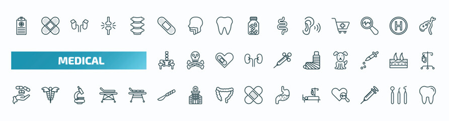 set of 40 special lineal medical icons. outline icons such as medical records, sticking plaster, ear, p, plastered foot, drugs, scalpel, illness on bed, syringe with medicine, molar tooth line