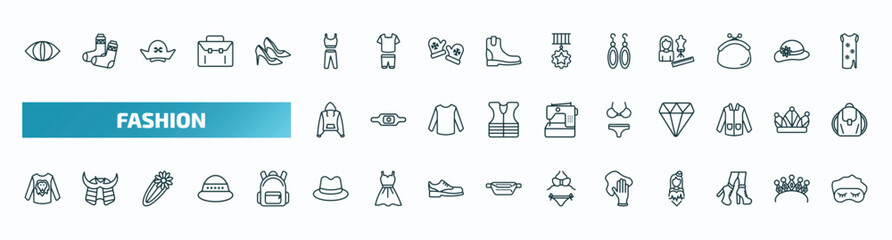 set of 40 special lineal fashion icons. outline icons such as cat eyes, gym clothes, accesory, sweater with pockets, swimwear, man printing, fedora, rag, high heel boots, sleeping mask line icons.