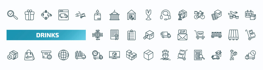 set of 40 special lineal drinks icons. outline icons such as inspection, unpacking, wait time, distribution, zip code, delivery cancelled, delivery time, freight, home delivery, mind eraser drink