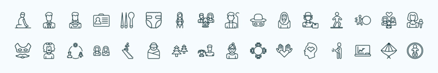 special lineal people icons set. outline icons such as julus, korean, shepherd, delivery woman, lesbian couple and son, bearded woman, walking downstairs, father and daughter, no racism, classroom
