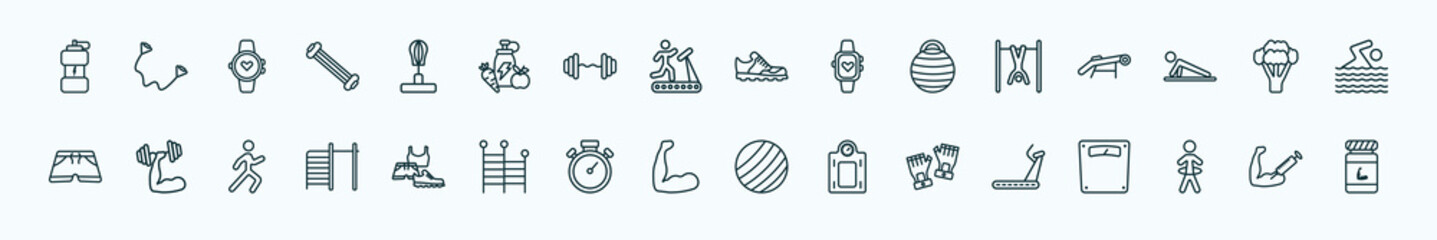 special lineal gym and fitness icons set. outline icons such as isotonic, standing punching ball, trainers, exercise hang bar, broccoli porcion, fitness, sport wear, muscles, fitness gloves, stick