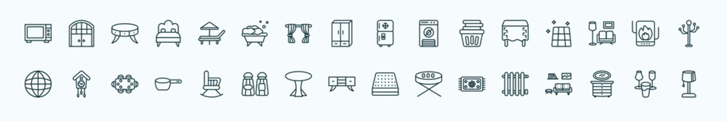 special lineal furniture & household icons set. outline icons such as microwave, lounger, fridge, table linens, heating unit, cuckoo clock, rocking chair, credenza, rug, lowboy, glassware line