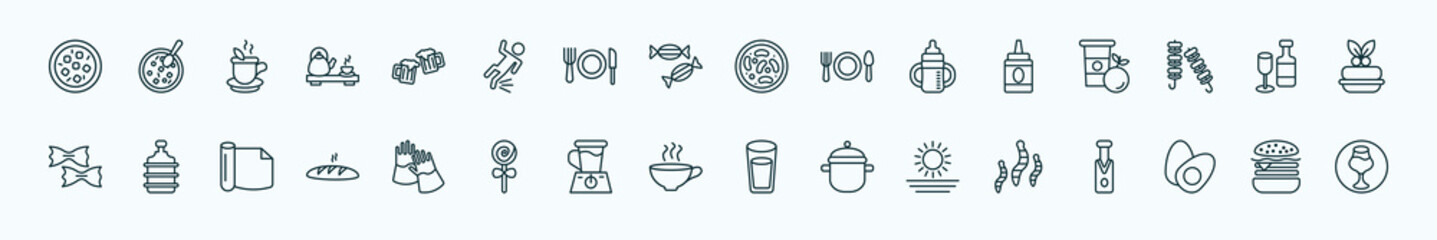 Fototapeta premium special lineal food icons set. outline icons such as mapo tofu, beers, red bean soup, condiment, alcoholic drinks, water container, protection gloves, coffee cup with steam, morning, boiled egg,