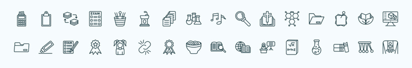 special lineal education icons set. outline icons such as adding hine, spacetime curvature, song, chemical formula, eco book, corrector, kid, mie, teacher giving lecture, three books, newton cradle