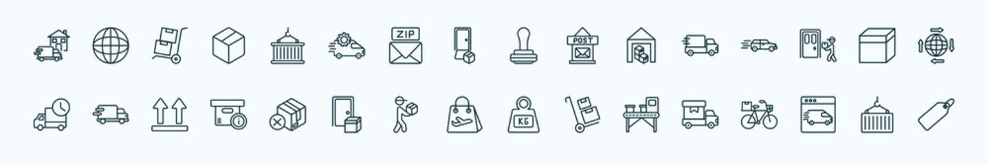 special lineal delivery and logistic icons set. outline icons such as home delivery, container hanging, pisco sour, delivery, package, truck, cancelled, duty free, x ray, by website, container line