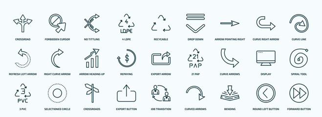 special lineal user interface icons set. outline icons such as crossroad, 4 ldpe, arrow pointing right, refresh left arrow, repaying, curve arrows, 3 pvc, export button, bending, round left button