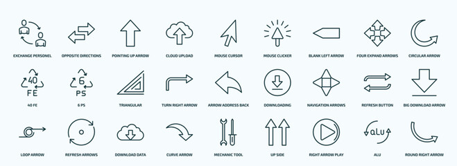 special lineal user interface icons set. outline icons such as exchange personel, cloud upload, blank left arrow, 40 fe, turn right arrow, navigation arrows, loop arrow, curve right play button, alu - obrazy, fototapety, plakaty