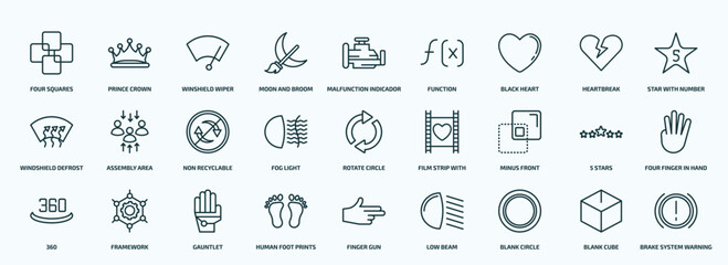 special lineal shapes icons set. outline icons such as four squares, moon and broom, black heart, windshield defrost, fog light, minus front, 360, human foot prints, blank circle, blank cube line