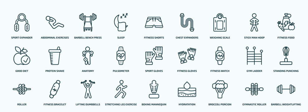 special lineal gym and fitness icons set. outline icons such as sport expander, sleep, weighing scale, good diet, pulsometer, fitness watch, roller, stretching leg exercise, broccoli porcion,