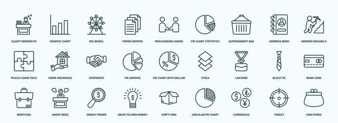 special lineal business icons set. outline icons such as sleepy worker at work, paper graphic, supermarket bag, puzzle game piece, pie graphic, lanyard, briefcase, ideas to earn money, currencies,