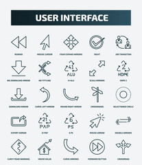 set of 25 special lineal user interface icons. outline icons such as rewind, mouse cursor, job transition, 41 alu, download arrow, crossroads, 21 pap, double arrows, curve arrows, forward button
