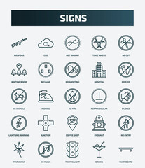 set of 25 special lineal signs icons. outline icons such as weapons, co2, no cut, no shouting, no animals, perpendicular, junction, entry, traffic light, drinks line icons.