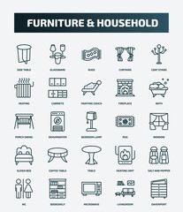 set of 25 special lineal furniture & household icons. outline icons such as side table, glassware, coat stand, fainting couch, porch swing, rug, coffee table, salt and pepper shakers, microwave,