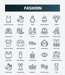 set of 25 special lineal fashion icons. outline icons such as women sleeveless shirt, warm sock, diamond, hair dye, t shirt with heart, shoulder bag, neckline dress, electrical appliances, monarchy,