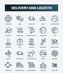 set of 25 special lineal delivery and logistic icons. outline icons such as earth grid, boxes, customer support, package on trolley, pisco sour, delivery man, delivery truck, worldwide, weighing,