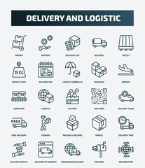 set of 25 special lineal delivery and logistic icons. outline icons such as freight, support, pallet, logistic umbrella, conveyor, bar code, courier, delivery time, worldwide delivery, postbox line