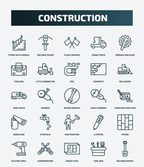 set of 25 special lineal construction icons. outline icons such as stairs with handle, inclined picker, wrench and gear, vise, tank truck, angle grinder, stopcock, paving, house plan, tool box line