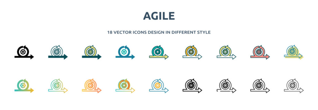 agile icon in 18 different styles such as thin line, thick line, two color, glyph, colorful, lineal color, detailed, stroke and gradient. set of agile vector for web, mobile, ui