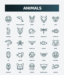 set of 25 special lineal animals icons. outline icons such as lion, dolphin jumping, bear, hedgehog, moray, piranha, angler, lion head, medusa, siberian husky line icons.