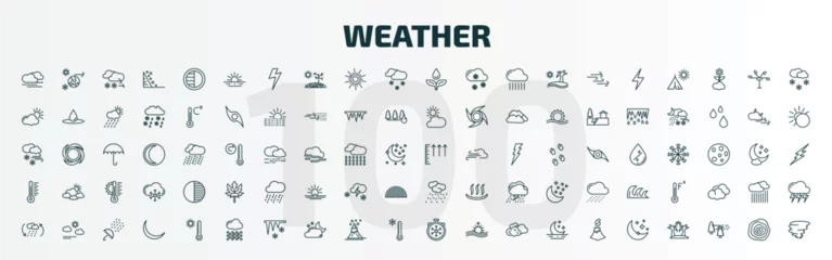 Fotobehang set of 100 special lineal weather icons set. outline icons such as blanket of fog, dawn, dew, atmospheric pressure, thermometer, steady rain, convergence, hail, freezing, twilight line icons. © Farahim