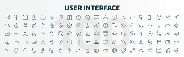 set of 100 special lineal user interface icons set. outline icons such as rewind, opposite directions, display, mouse clicker, 1 pete, cloud with connection, curve arrow, up arrow fold button, right