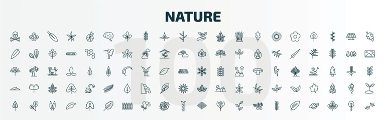 set of 100 special lineal nature icons set. outline icons such as death, human brian, treatments, big snowflake, dune, straberry leaf, birch leaf, plum leaf, pine needle, ovate line icons.