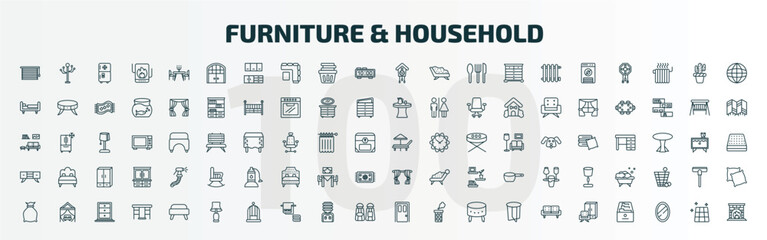 set of 100 special lineal furniture & household icons set. outline icons such as window coverings, double door, cuckoo clock, lounger, credenza, curtains, garbage bags, table lamp, door, furniture