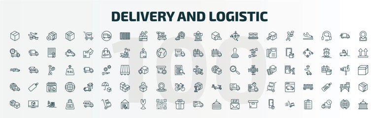 Obraz na płótnie Canvas set of 100 special lineal delivery and logistic icons set. outline icons such as delivery box, shipping, post office, delivery by motorcycle, worldwide wait time, boxes, package on trolley, cargo
