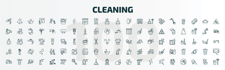 set of 100 special lineal cleaning icons set. outline icons such as faucet cleanin, clothes cleaning, dust pan, cleaner uniform, sanitize, deodorizer, garbage truck, squeeze, acid, cleaning products