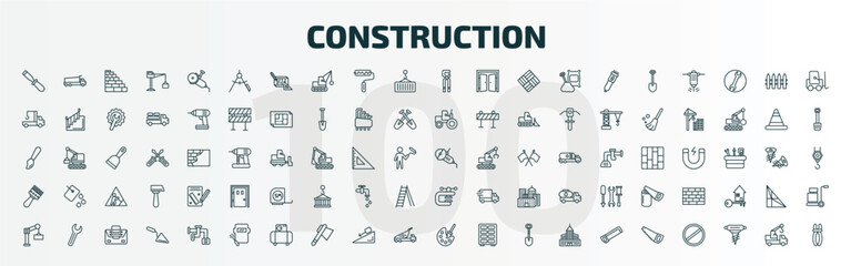 set of 100 special lineal construction icons set. outline icons such as chisel, drawing compass, big clippers, angle grinder, sand brush, vise, derrick with boxes, welding, pallete, big saw line