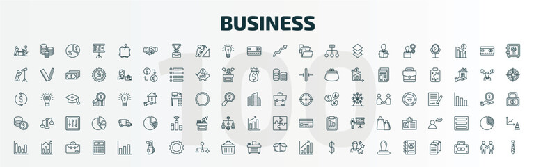 Fototapeta na wymiar set of 100 special lineal business icons set. outline icons such as boss reading a document, cooperate, graphic arrow, briefcase, dollar coins stack, puzzle game piece, bar diagram, golf sticks,