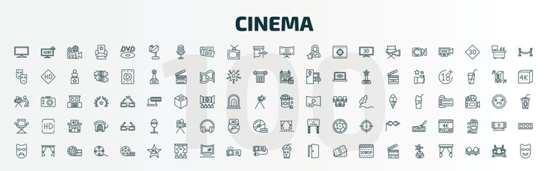 set of 100 special lineal cinema icons set. outline icons such as flat tv, satellite tv dish, 3 dimension screen, popcorn bag, director film chair, cinema screen, sad mask, cinema celebrity, take