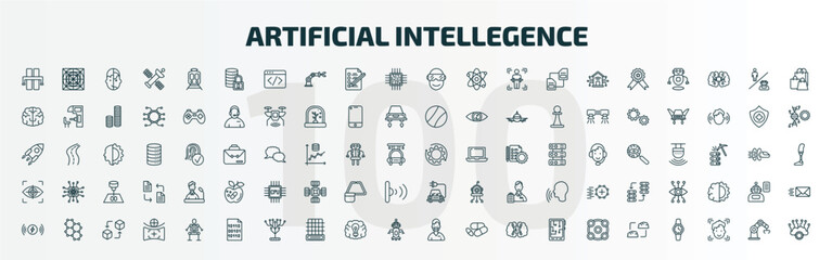 set of 100 special lineal artificial intellegence icons set. outline icons such as motorway, secure data, oculus rift, processing, eye tracking, solar energy car, wireless charging, binary, nurse,
