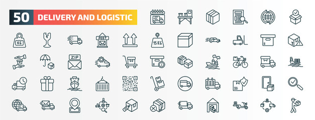 set of 50 special lineal delivery and logistic icons. outline icons such as delivery day, package checking, side up, delivery containers, tings, by bike, ship by sea, schedule, express mail, line - obrazy, fototapety, plakaty