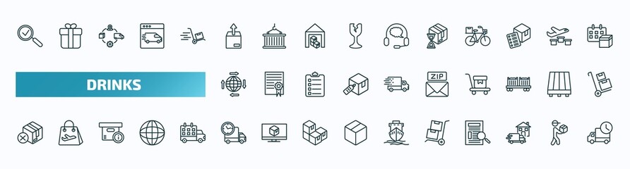 set of 40 special lineal drinks icons. outline icons such as inspection, unpacking, wait time, distribution, zip code, delivery cancelled, delivery time, freight, home delivery, mind eraser drink