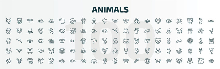 set of 100 special lineal animals icons set. outline icons such as fox, chameleon, lemur, eel, snigir, octopus, globe fish, zander, goat, panda line icons. © Farahim