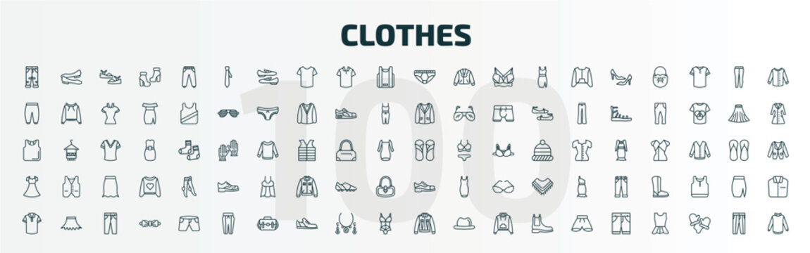 set of 100 special lineal clothes icons set. outline icons such as boyfriend low jean, tie, underpants, sandals, chiffon dress, leather shoes, polo shirt, pegged pants, denim shirt, chino shorts