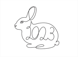 Continuous one line drawing of Bunny symbol of 2023 year. Fluffy rabbit silhouette with ears in simple linear style for winter design greeting card and web banner. Doodle Vector illustration