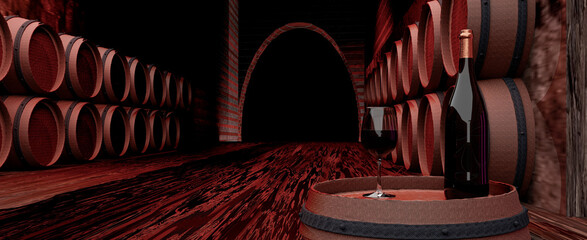 Cellar of aged wine barrels with a barrel at the front in a corner on which there is a bottle of red wine and a glass of wine. Winemaking. Illustration 3d.