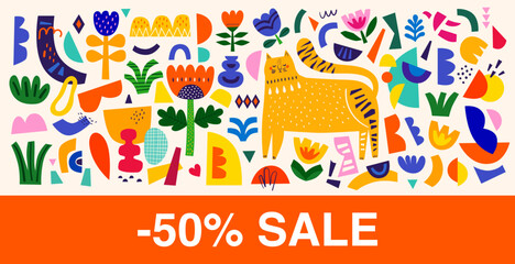 Obraz premium Cute pattern collection with cat. Summer sale. Decorative abstract horizontal banner with colorful doodles and shapes. Hand-drawn modern illustrations with cat, flowers, abstract elements
