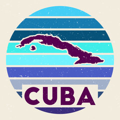 Cuba logo. Sign with the map of country and colored stripes, vector illustration. Can be used as insignia, logotype, label, sticker or badge of the Cuba.