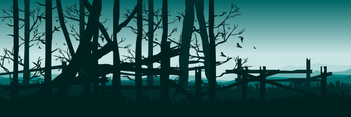 dead forest landscape with broken fence silhouette good for wallpaper, background, backdrop, banner, web, nature, adventure and template