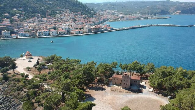 Aerial view over Nisis Kranai or Kranai Islet in Gytheio, Laconia, Greece