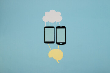the connection of the human brain, mobile phones and the cloud, the combination of man and technology, creative art design

