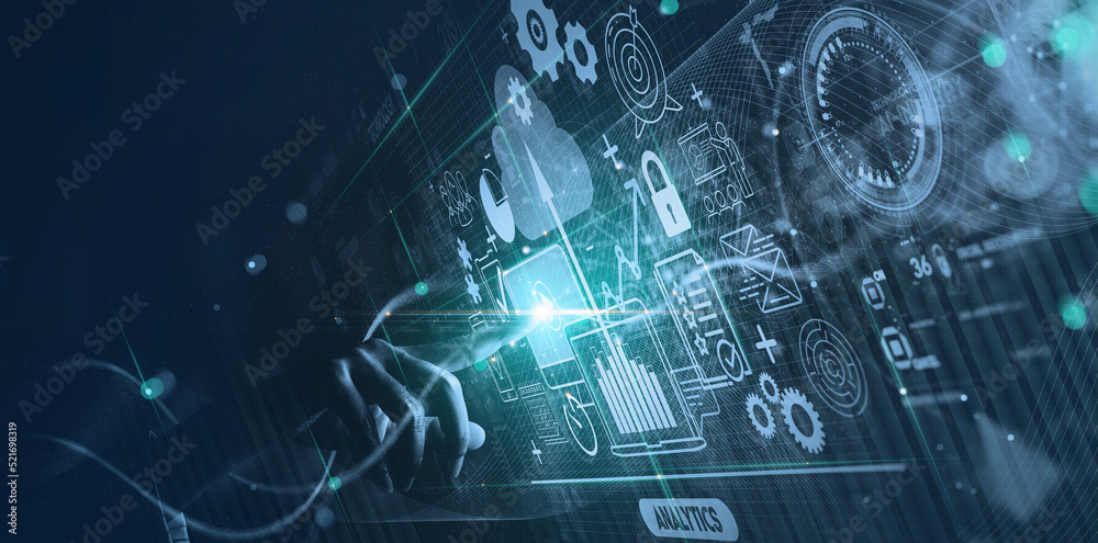 Fototapete Hand touching Business data analytics process management with KPI financial charts and graph and automated marketing dashboard.