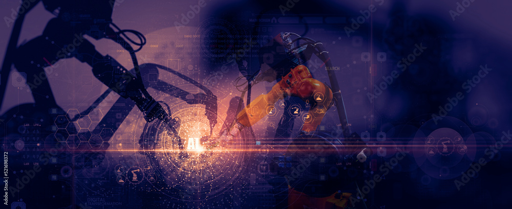 Poster silhouette of business innovation industry future automation robot arms factory on sunset background