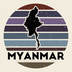 Myanmar logo. Sign with the map of country and colored stripes, vector illustration. Can be used as insignia, logotype, label, sticker or badge of the Myanmar.