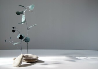 Minimalistic abstract still life with a branch of green eucalyptus and stones on a gray background. Copy space.